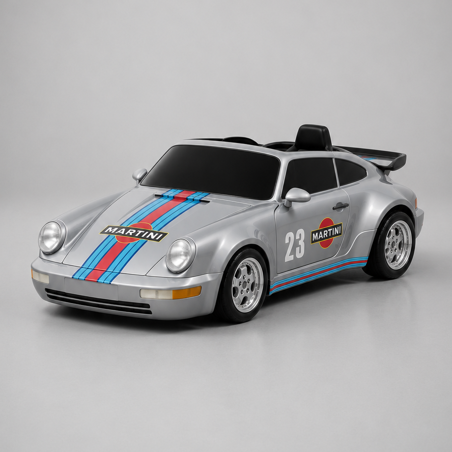 A silver drift of a Porsche 911 race car with blue and red Martini stripes, displayed on a light gray studio background.