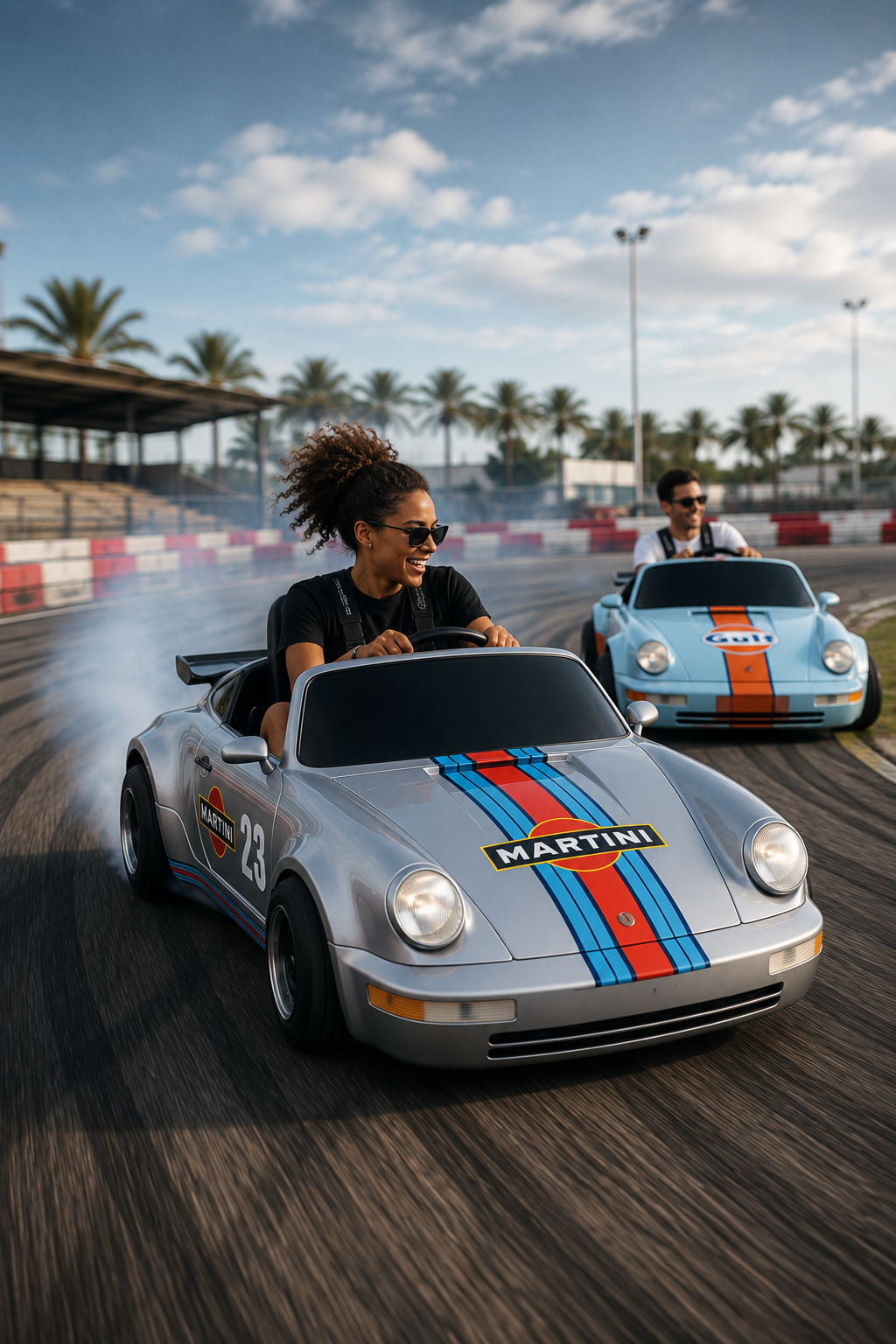 A woman driving a silver Porsche 911 race car on a racetrack, with smoke from the tires and another blue Porsche behind her. The car has red and blue Martini racing stripes and a Martini logo on the hood.