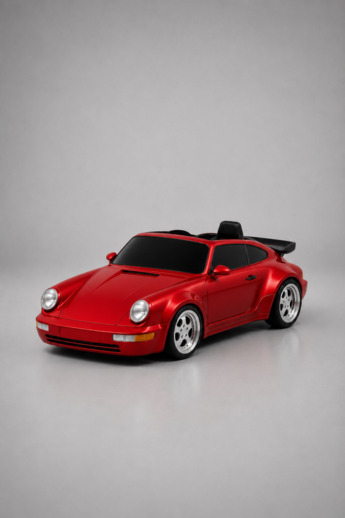 A red drift car styled like a classic sports car, featuring black windows, silver wheels, and a black rear spoiler, photographed on a neutral gray background.