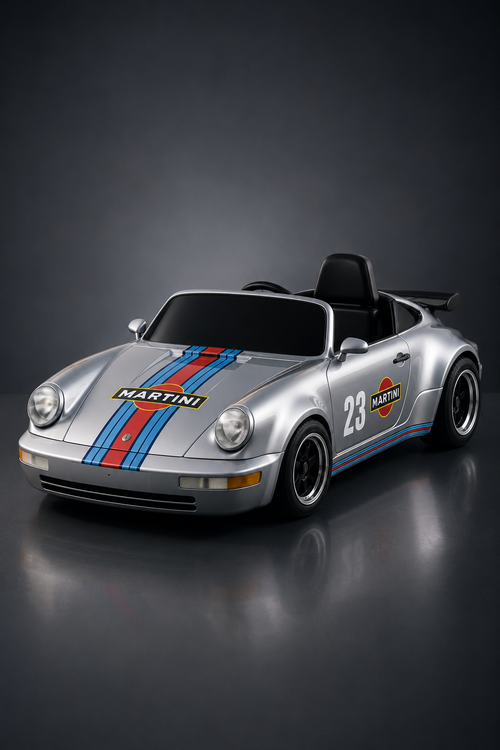 A silver Porsche 911-style race car with blue and red Martini stripes, the number 23, and a black convertible top, photographed on a dark studio background with a reflective floor.